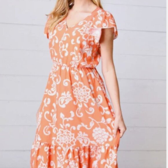 HAPTICS Dresses & Skirts - Boutique Haptics Sunset Boho Ethnic Floral Flutter Sleeve Dress Large NWOT
